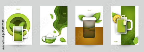 Collection colorful template cover for tea. Abstract art composition in modern geometric papercut style. Minialistic concept design for branding banner, flyer, book, menu, card. Vector illustration.