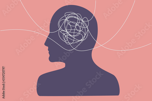 Tangled thoughts, information overload concept. Several lines from different directions that tangle in a person's head, flat illustration. photo