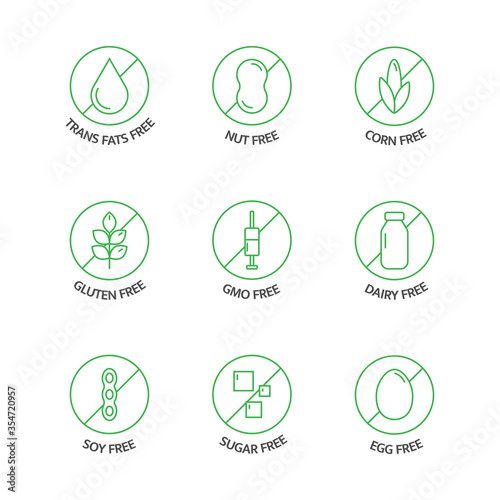 Organic food and drink stickers. Product free allergen line icons. Food intolerance. Natural products green labels. Food dietary. Healthy eating. GMO free emblems. Vegan, bio. Vector illustration