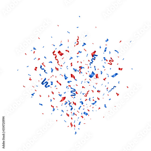 Confetti blue and red splash. Party color confetti and serpentine. Happy Independence Day decoration. Usa banner. Holiday design elements. Bright festive tinsel. Vector illustration