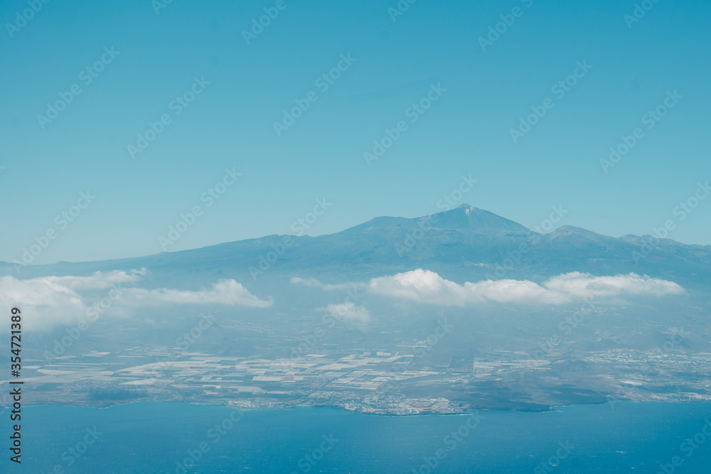 Arial View of Mount Teide and Tenerife from Airplane Window, Tenerife, Spain