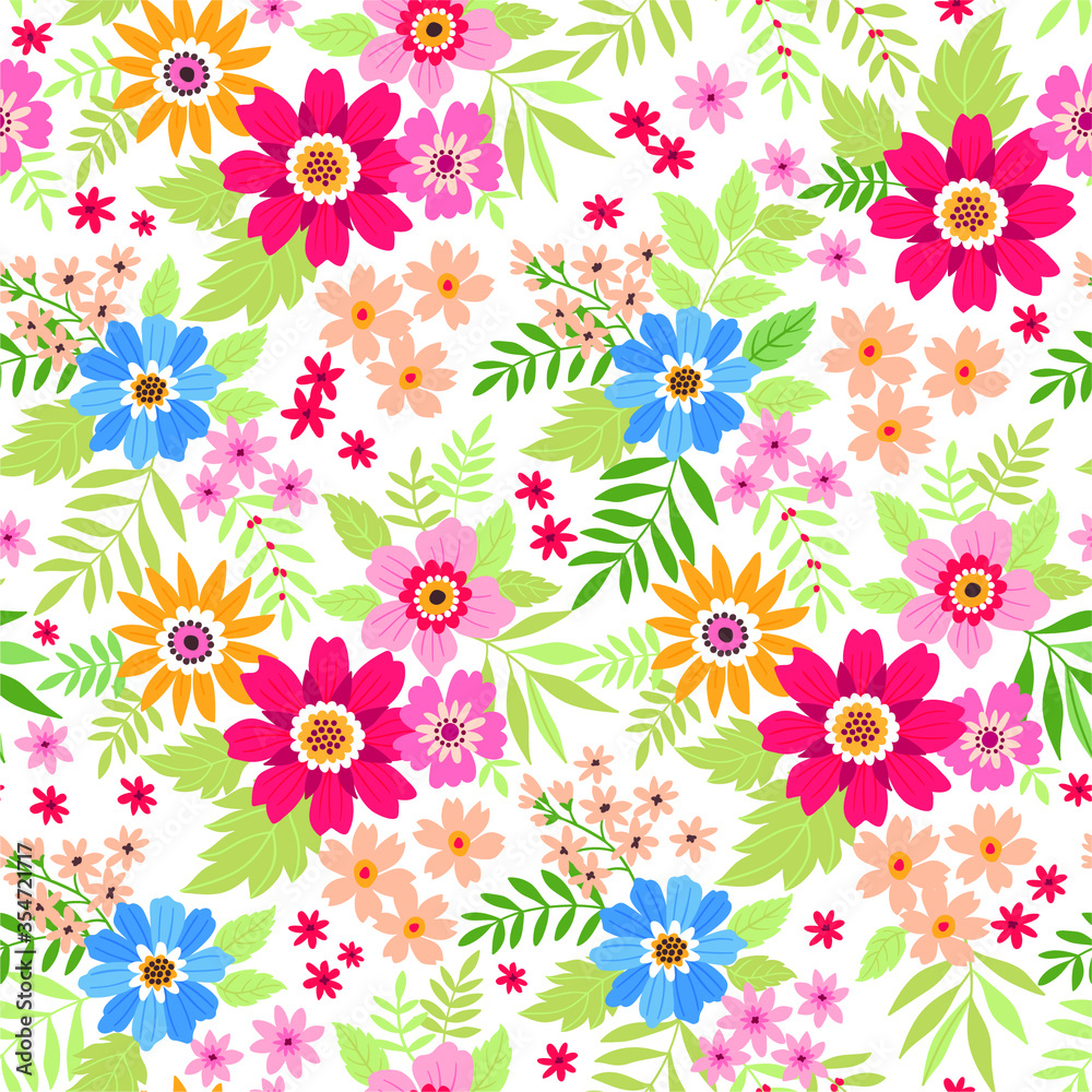 Retro romantic floral background with small flowers. Endless print made of colorful flowers, leaves and berries. Summer and spring motifs. White background. Seamless vector illustration.
Retro romantic floral background with small flowers. Endless print made of colorful flowers, leaves and berries. Summer and spring motifs. White background. Seamless vector illustration.