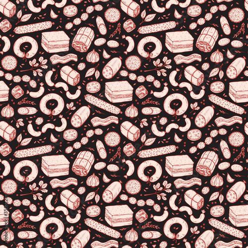 Vector Food background. Sausages Seamless pattern. Vector Meat products: Ready sausage, bacon, sliced saveloy, sausage, spicy pepperoni, smoked sausages, salami, baked meatloaf, frankfurters
