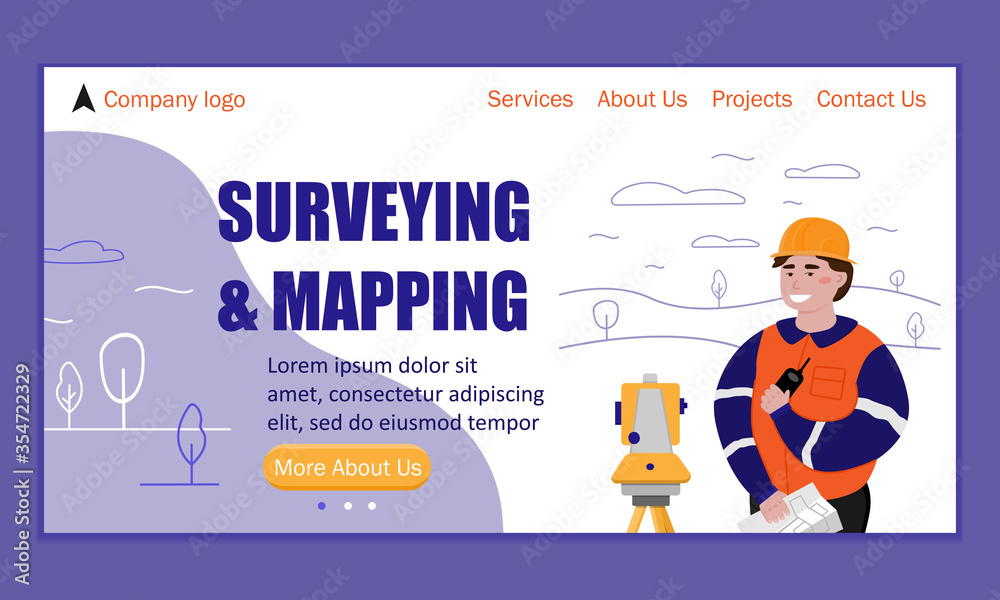 Landing page template for surveying and mapping. Surveyor working with theodolite outdoor on the background trees and hills. Smiling worker cartoon flat character. Vector illustration. Landing page template for surveying and mapping. Surveyor working with theodolite outdoor on the background trees and hills. Smiling worker cartoon flat character. Vector illustration.