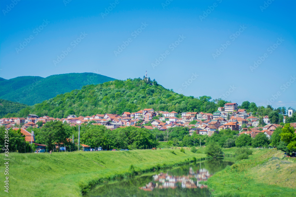 Prokuplje, Serbia- 5/22/2020: Mountain Hisar with river toplica in Prokuplje city in southern Serbia
