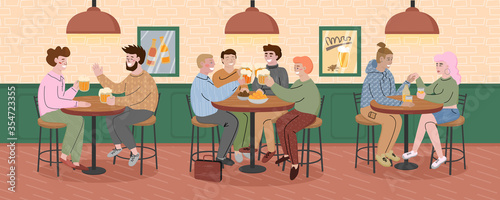 People sitting at the tables in a bar and drinking beer. Women and men talking and smiling in a cafe. Youth having fun together in a pub. Cartoon flat characters in interior.Vector illustration