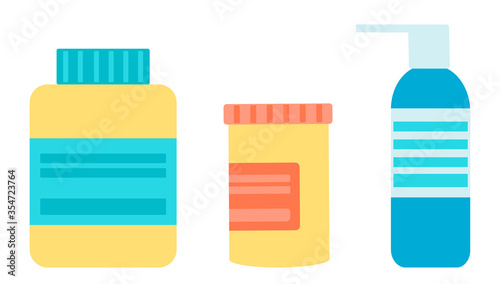 Medication, pills, spray. Pharmacy and Medical concept. Tablets, sprays and capsules. Medicine vector concept in flat design isolated on white background.