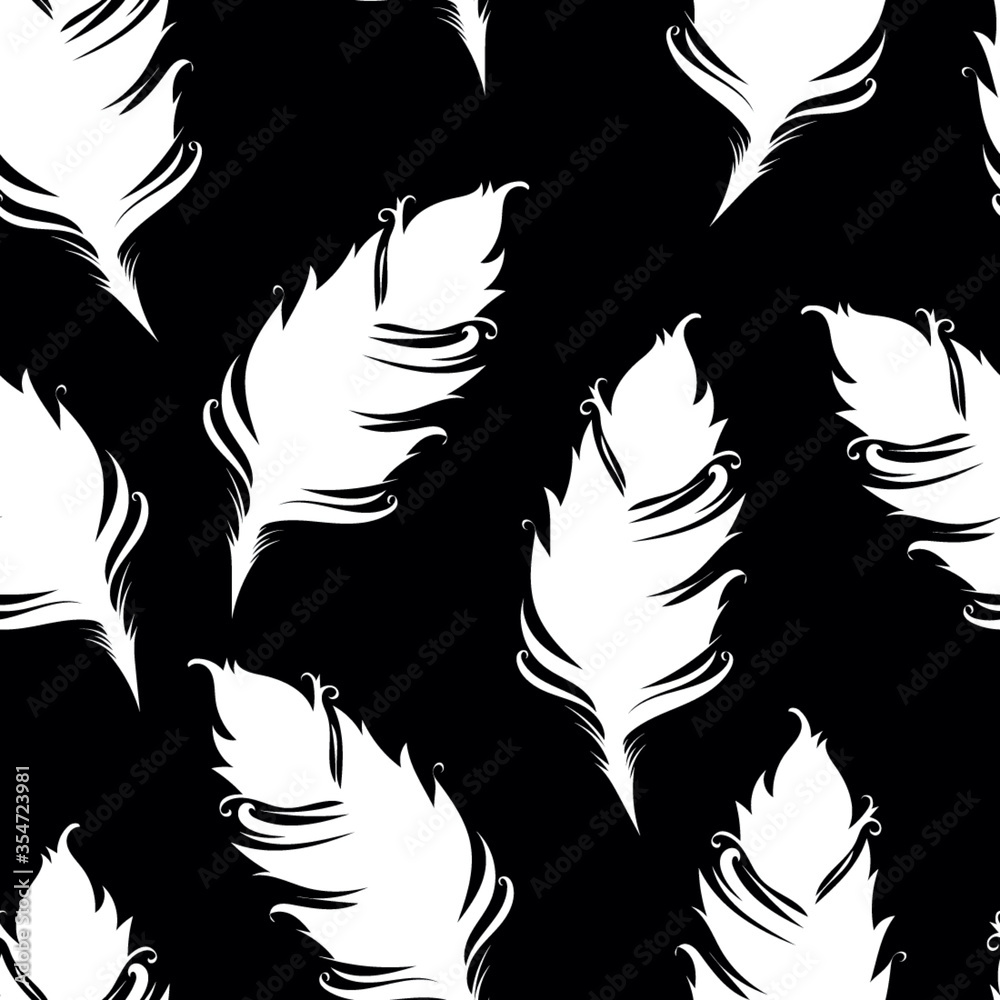 Obraz premium White feather silhouette isolated on black background. Seamless pattern. Vector illustration