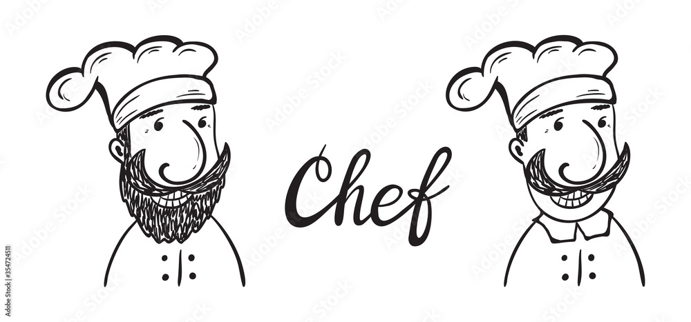 Funny Bearded and Mustachioed Chef. Hand drawn Cartoon Hipster Chef Cook Characters. Black and white outline drawing. Vector illustration
Funny Bearded and Mustachioed Chef. Hand drawn Cartoon Hipster Chef Cook Characters. Black and white outline drawing. Vector illustration