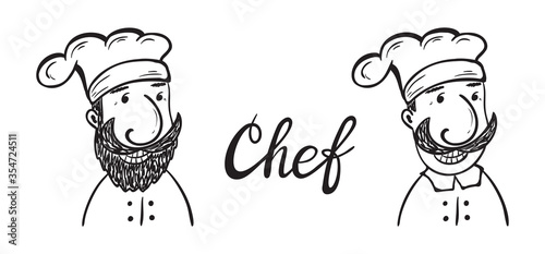 Funny Bearded and Mustachioed Chef. Hand drawn Cartoon Hipster Chef Cook Characters. Black and white outline drawing. Vector illustration
