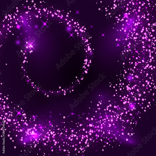 Abstract vector magic glow star light effect. Sparkling dust star trail with bokeh. Special purple christmas effect on dark background. Vector gold dust star effect background.