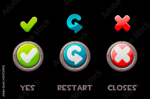 Set of vector isolated buttons and icons yes, restart, close.
