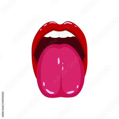 Red woman lips with tongue. Vector illustration.