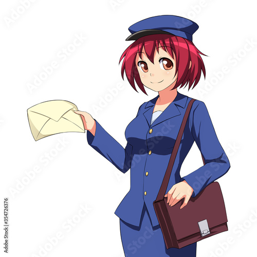Cute anime postman girl holding mail