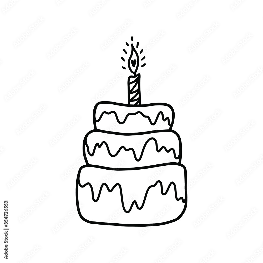 Celebratory three-tier cake on a white background. Black and white ...