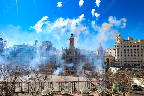 Mascletá during the Fallas of Valencia on the Town Hall Square (Plaça de l'Ajuntament). The fireworks festival has been named an immaterial Unesco world heritage. 