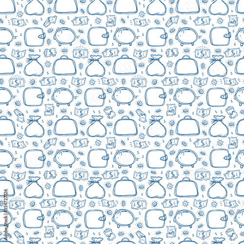 Financial, Business and Wealth Symbols Background. Money Icons Vector Seamless Pattern. Hand drawn Doodle Briefcase, Wallet, Money Bag, Piggy with Dollar Banknotes and Coins.
