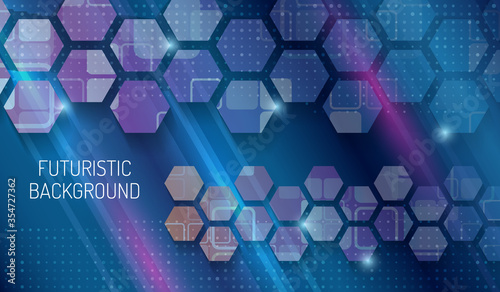 Futuristic blue background with hexagons and glowing lines. Colorful modern hi-tech illustration. Sci fi technology background.