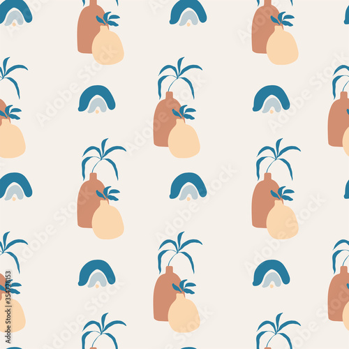 Abstract seamless pattern. Trendy wallpaper with hand drawn shapes in warm earthy colours. Two crocks with tropical plants and rainbows. Brown, beige, cream, blue. Modern textile, branding.