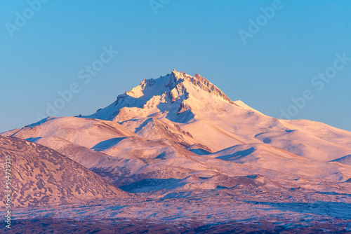 view of Erciyes mountain covered with snow
