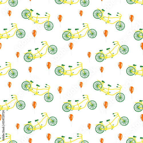 Simple hand drawn vector pattern. Yellow and green tandem bicycles isolated on white background. Orange balloons. Cute transport illustration. Road trip. Perfect for wallpaper or fabric.