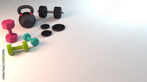 3D illustration weights for lifting in the gym or at home workout get strong and fit muscular body athletic lift weight enjoy sport recreation healthy training hard activity exercise daily background