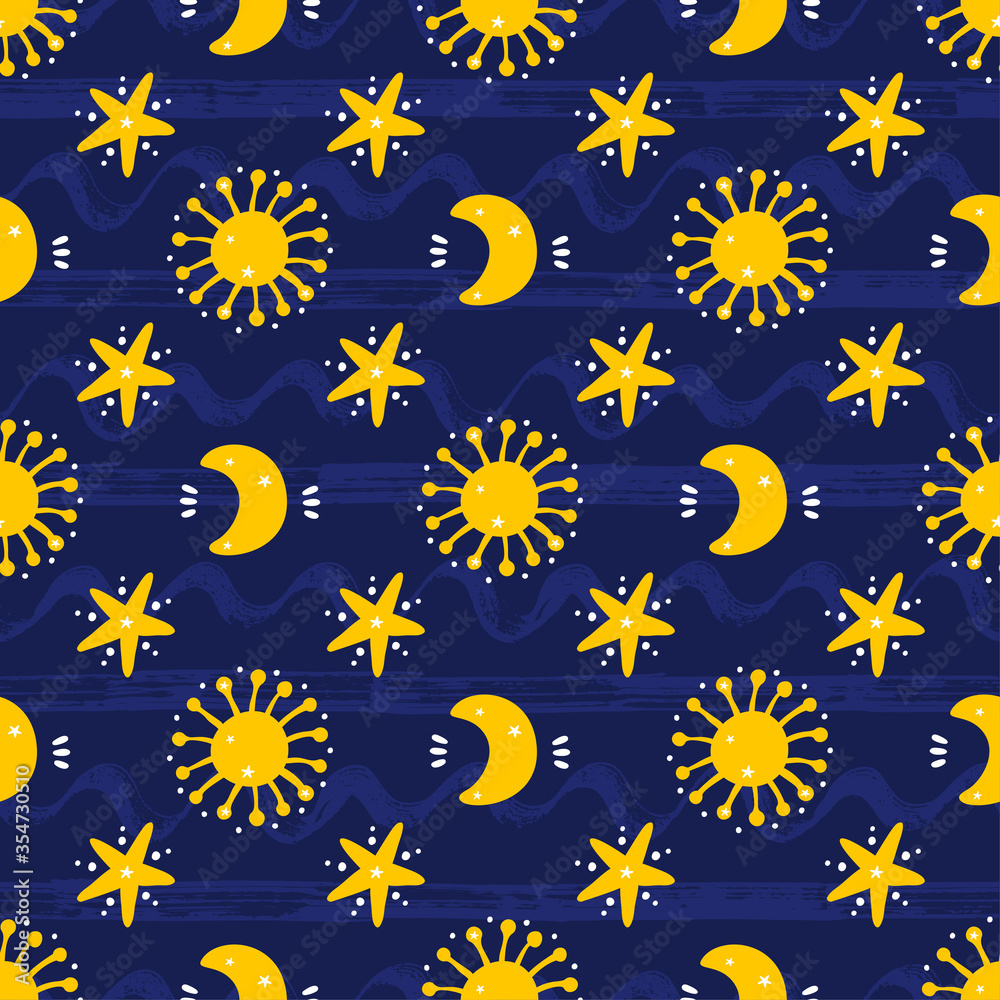 Space Vector Seamless pattern. Doodle Cosmic Space: Sun, Moon (Crescent), Stars. Cosmos Background. Cartoon Galaxy.
