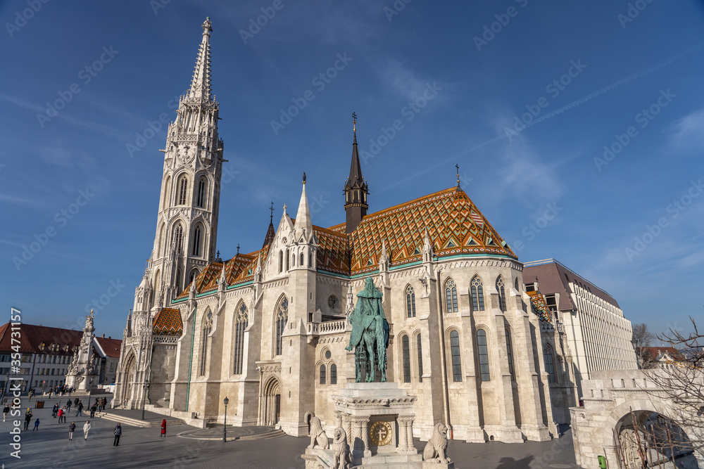 Budapest, Hungary - Feb 9, 2020: Upward view of Matthias Church on Buda hill