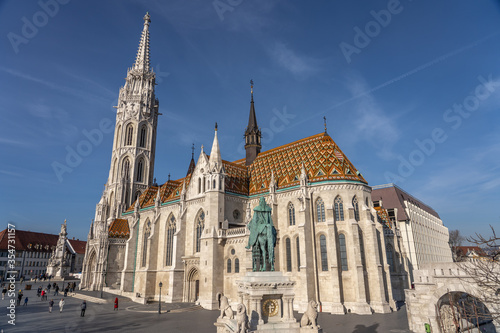 Budapest, Hungary - Feb 9, 2020: Upward view of Matthias Church on Buda hill