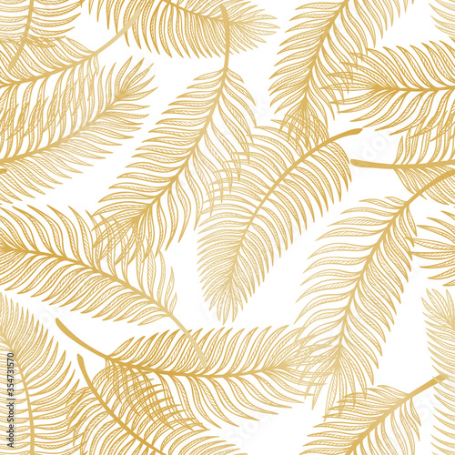 Golden Tropical Palm Tree Leaves Vector Seamless Pattern. Palm Leaf Sketch. Summer Floral Background. Tropical Plants Wallpaper
