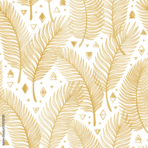 Golden Tropical Palm Tree Leaves with Geometric Shapes Vector Seamless Pattern. Palm Leaf Sketch with triangles, rhombuses and circles. Summer Floral Background. Tropical Plants Wallpaper 