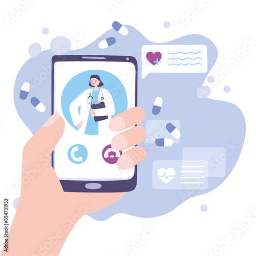 online doctor, hand with female doctor smartphone in call medical advice or consultation service