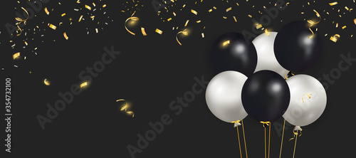 Set of black, white balloons with gold confetti. Celebrate a birthday, Poster, banner happy anniversary. Realistic decorative design elements. Festive background with helium balloons.