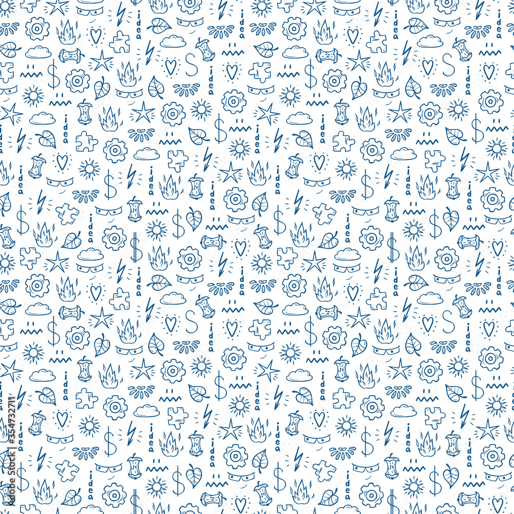 Idea Concept with Various Items Vector Seamless Pattern. Hand drawn doodle Random icons ands symbols objects Background
