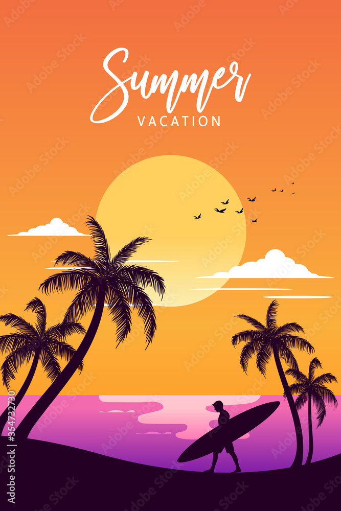 Tropical beach with palm trees and sunset in orange tone