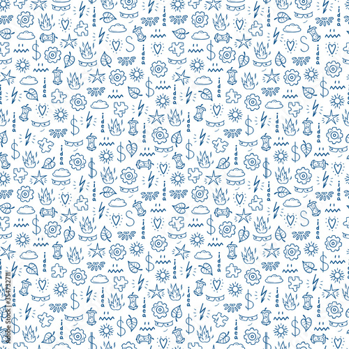 Idea Concept with Various Items Vector Seamless Pattern. Hand drawn doodle Random icons ands symbols objects Background 