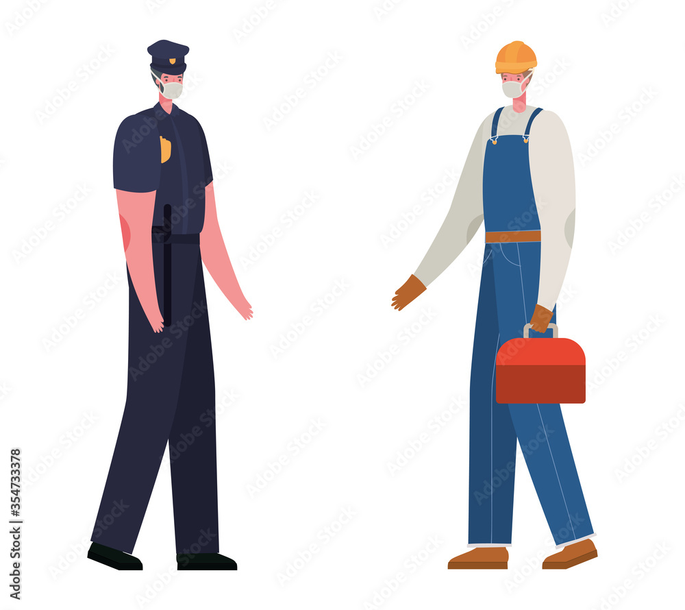 Male constructer and police with masks vector design Male constructer and police with masks vector design