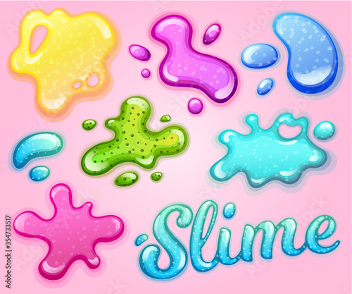 Colorful glitter slime blobs vector illustration set. Girly goo stains collection on pink background. Fun game for kids