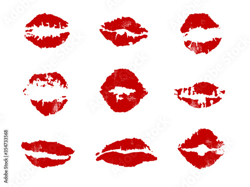 Collection of lips  prints isolated on white. Grunge effect. Vector illustration.
