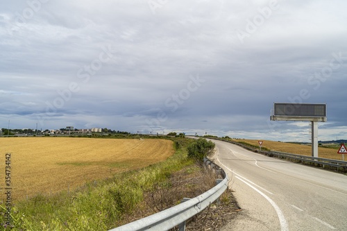 Road surrounded by field covered in the grass under a cloudy sky at daytime in Andalusia, Spain