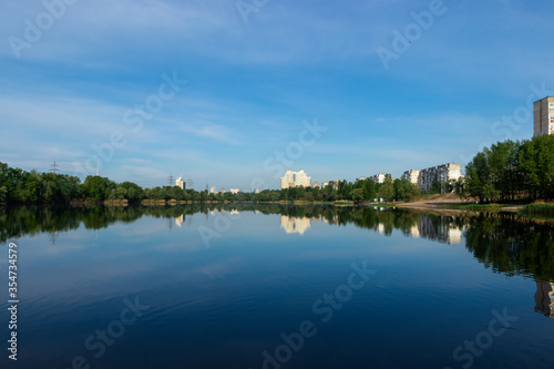 Landscape of a lake in the city with blue sky