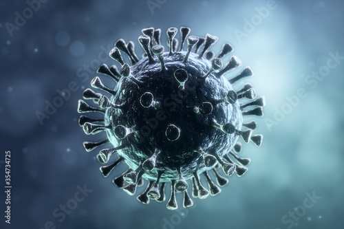 Coronavirus illustration. New deadly disease-causing viruses such as COVID-19 or SARS (Severe acute respiratory syndrome). Virus in a microscope close up. 3D rendering 