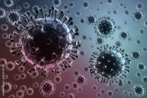 Coronavirus illustration. New deadly disease-causing viruses such as COVID-19 or SARS (Severe acute respiratory syndrome). Virus in a microscope close up. 3D rendering 
