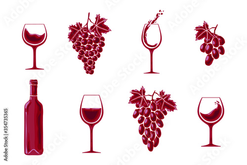 Set of elements for winery label. Grape, bottle,glasses. Vector illustration.