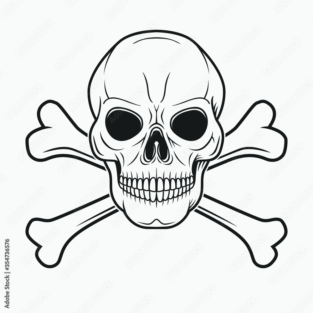Black and White Illustration of Skull. Human Head Bone. Skeleton Hand Drawn Tattoo Design. Black and White Illustration of Skull. Human Head Bone. Skeleton Hand Drawn Tattoo Design.