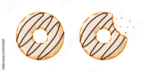 Colorful tasty donut whole and bitten set isolated on white background. White and chocolate strip glazed doughnut top view for cake cafe decoration or bakery menu design. Vector flat eps illustration