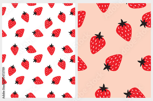 Seamless Vector Patterns with Irregular Hand Drawn Simple Strawberries Isolated on a White and Light Salmon Pink Background. Infantile Style Fruit Design. Red Abstract Berries Print.