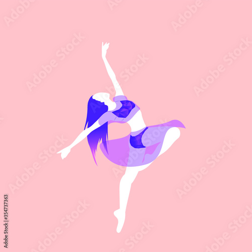 The girl is dancing ballet. Open transparent purple suit. Long purple hair. The girl goes in for sports. Active healthy lifestyle.