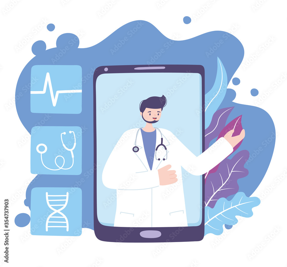 online doctor, physician with stethoscope in video smartphone medical advice or consultation service