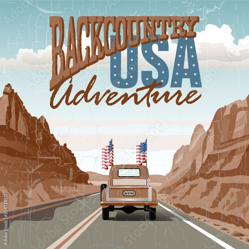 Vintage Truck Driving on a Mountain Road Vector Illustration with Backcountry Adventure USA Heading